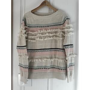 LOFT 100% Cotton Fringe Knit Sweater M Boho Textured Stripe Cotton Neutral Pink